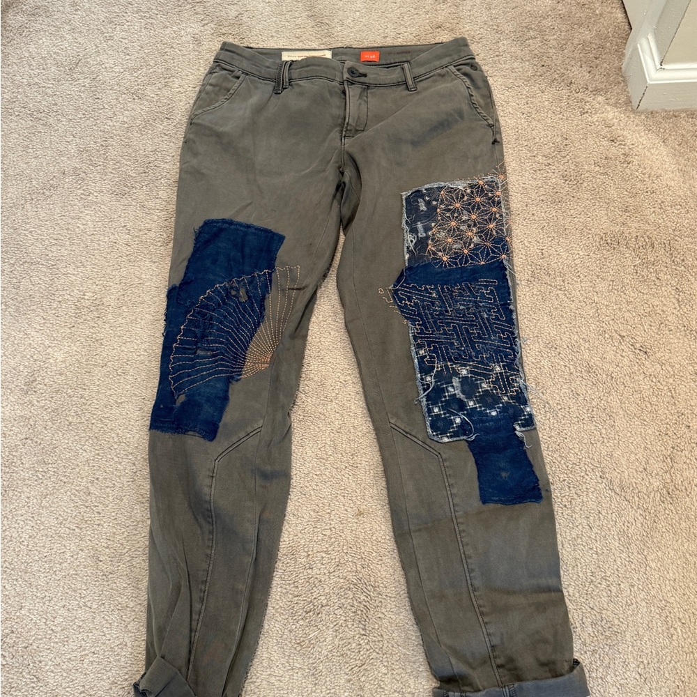 Anthropologie Pilcro Olive Green Pants with Indigo Patchwork